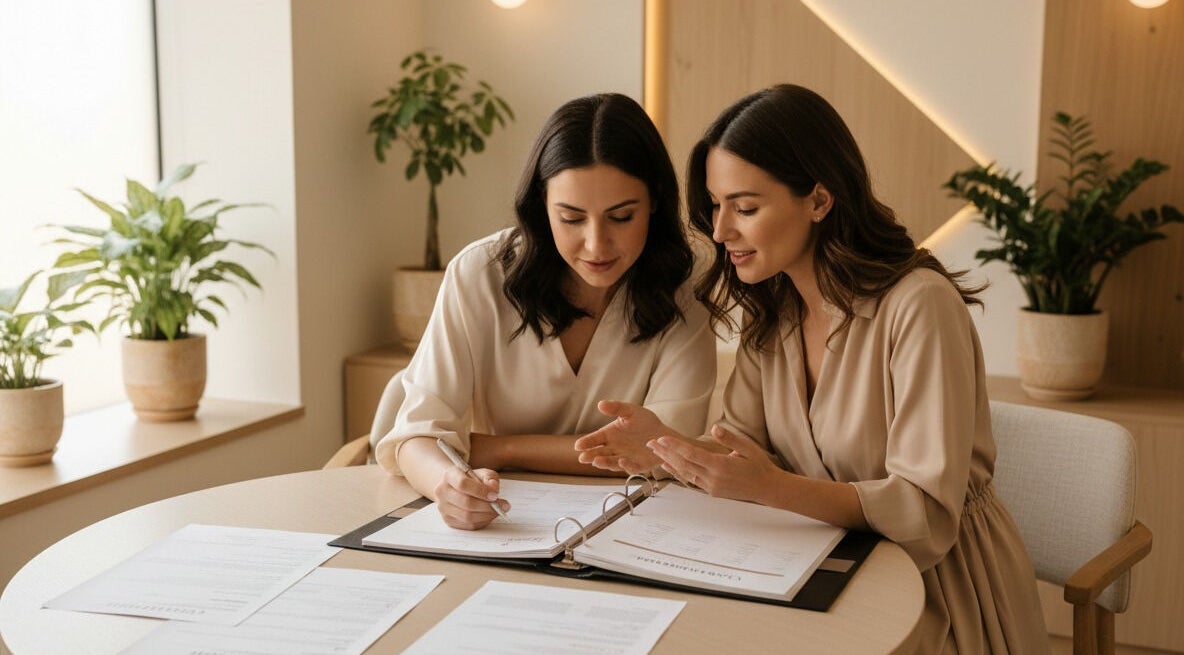 Women discussing wellness plans at Clinic83, Royston, England, GB in a serene consulting space.