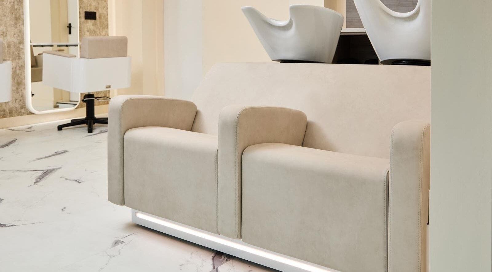 Luxurious salon wash stations at S.Rose By Linda, Ramsbottom, England, GB, showcasing modern beige seating.