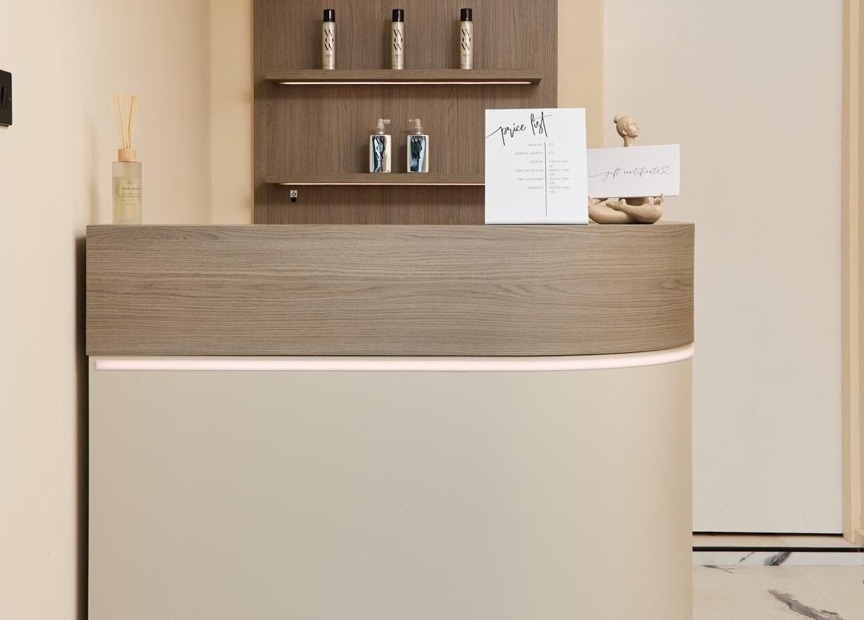 Chic reception desk at S.Rose By Linda, Ramsbottom, England, GB, showcasing modern design and inviting ambiance.