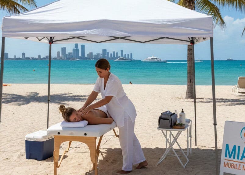Tomas Massages offers a relaxing beachfront massage in Miami, Florida, US, with a city view and palm trees.