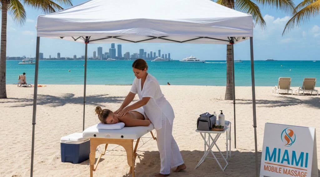 Tomas Massages offers a relaxing beachfront massage in Miami, Florida, US, with a city view and palm trees.