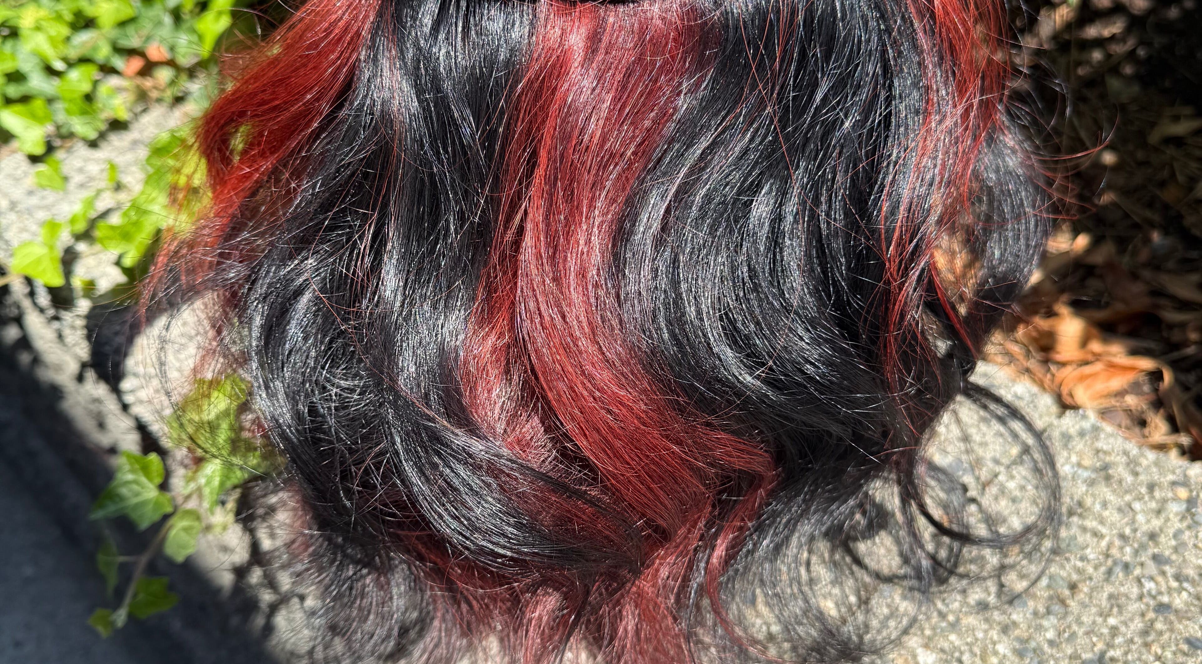 Vibrant red and black hair extensions showcased at Hair_By_Taej, Abbotsford, British Columbia, CA.