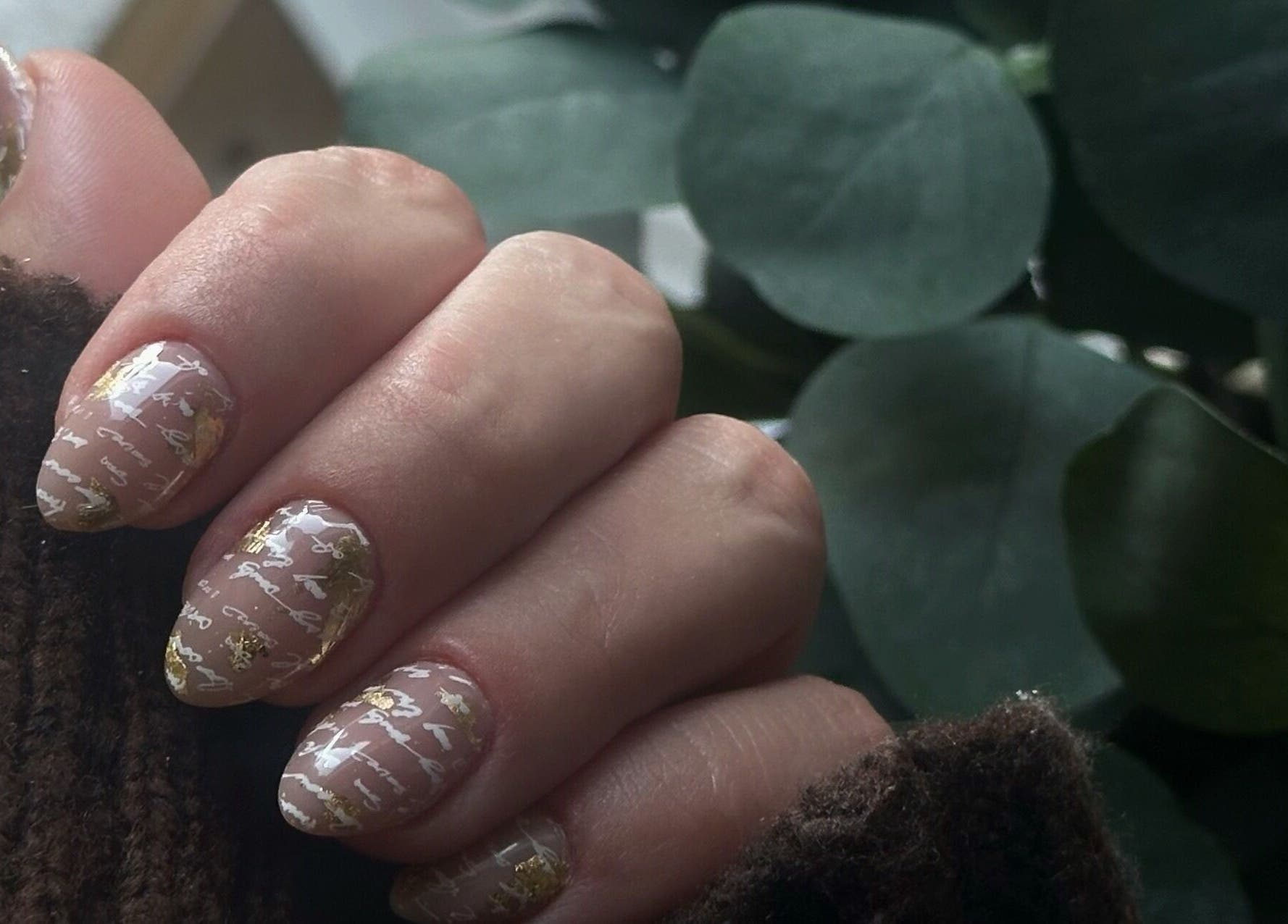 Elegant nail art with golden script from My Balance nail studio, Thornhill, Ontario, CA.