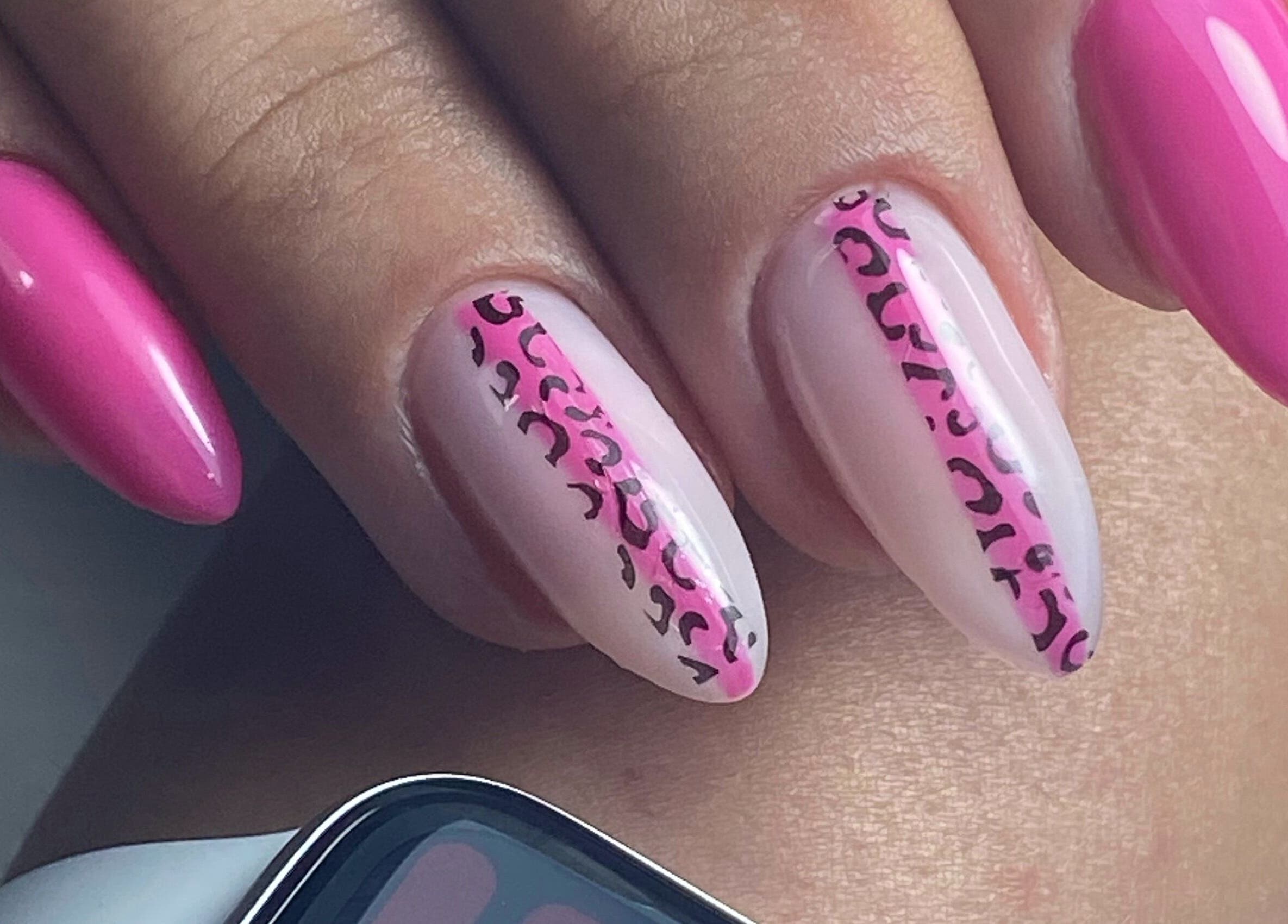 Stylish pink nail art at My Balance nail studio, Thornhill, Ontario, CA showcasing intricate design.