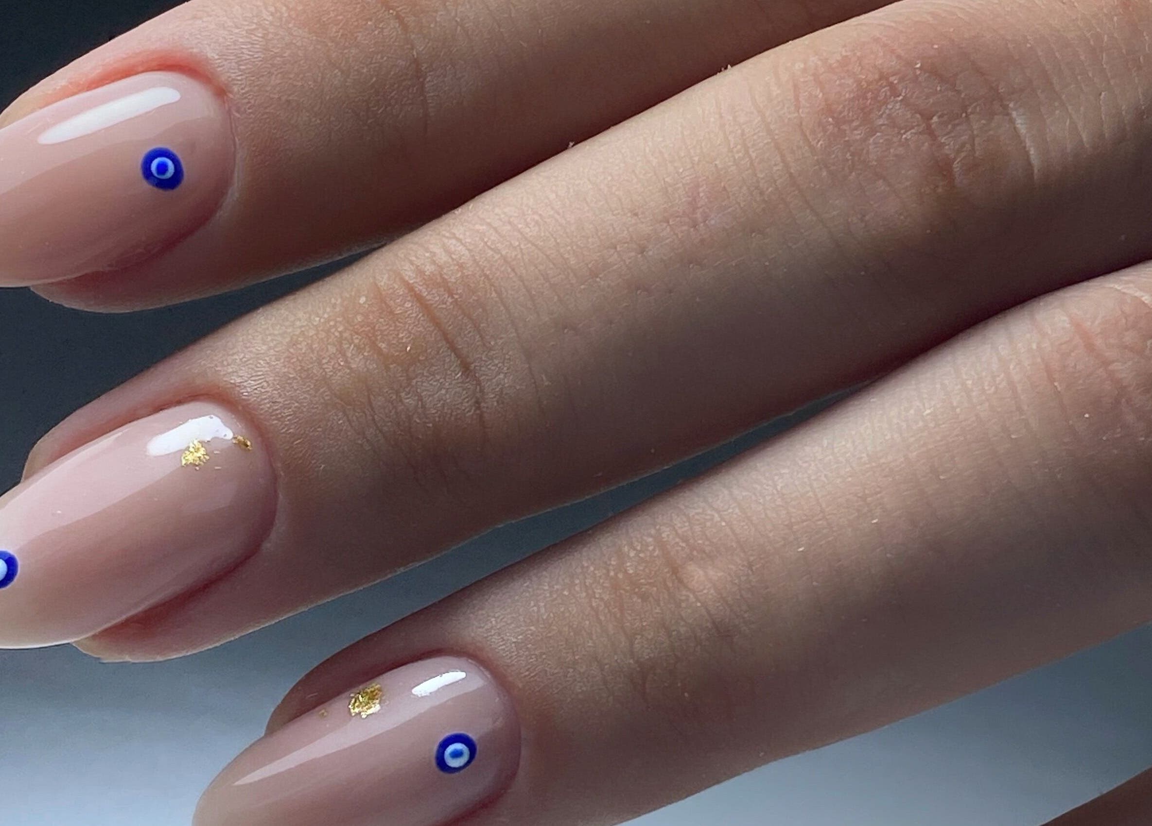 Stylish nail art with gold and blue accents at My Balance nail studio, Thornhill, Ontario, CA.