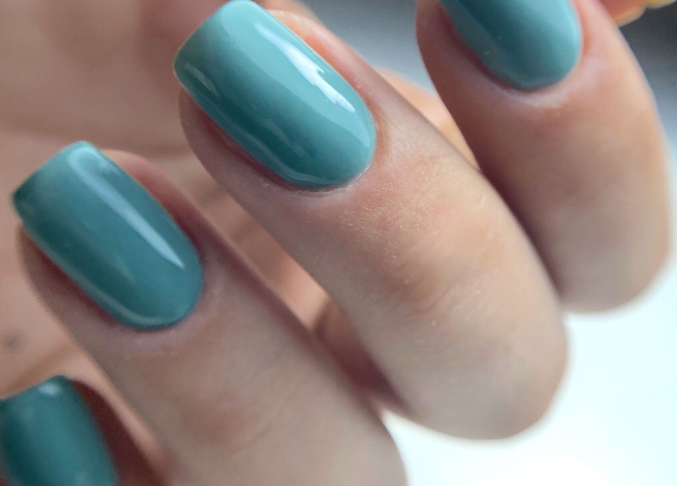 Vibrant turquoise manicure at My Balance nail studio, Thornhill, Ontario, CA.