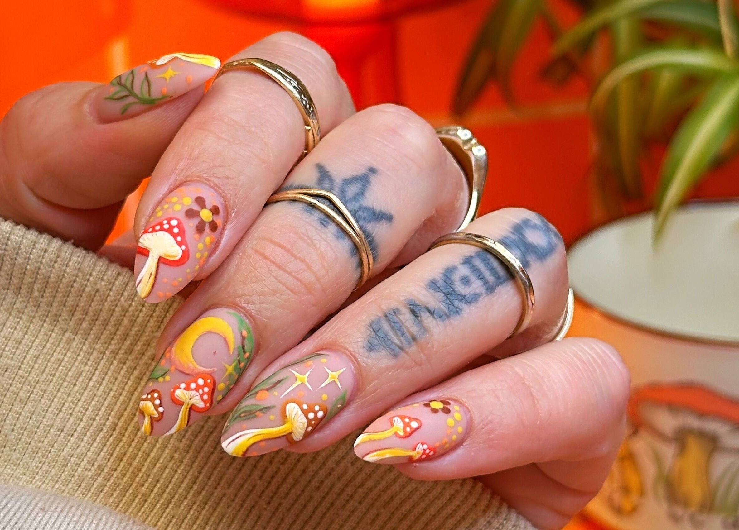 Vibrant mushroom nail art design by Emily Gossip Nails, Winscombe, England, GB.