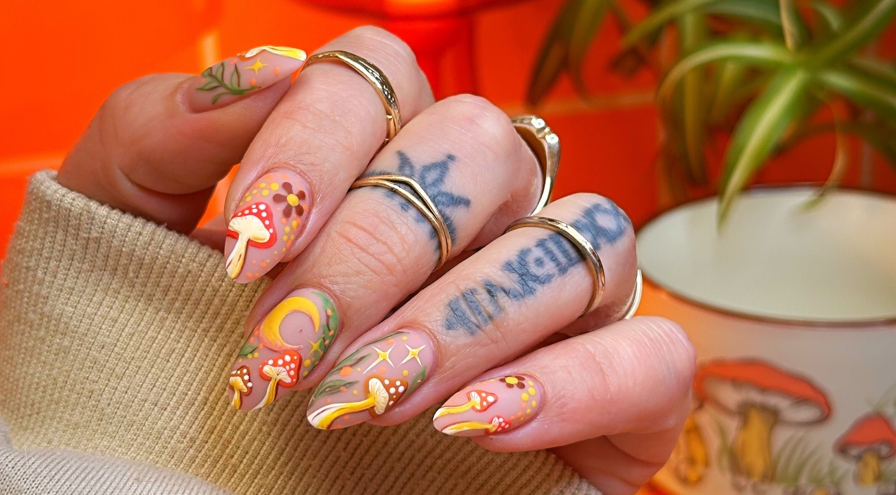 Vibrant mushroom nail art design by Emily Gossip Nails, Winscombe, England, GB.