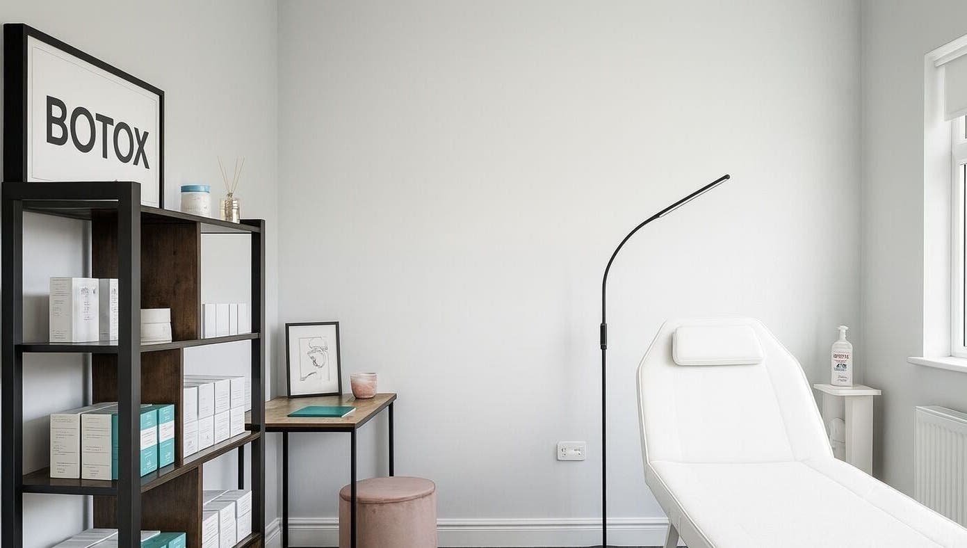 Modern treatment room at NovaSkin, County Kilkenny, IE featuring a sleek white bed and organized shelves.