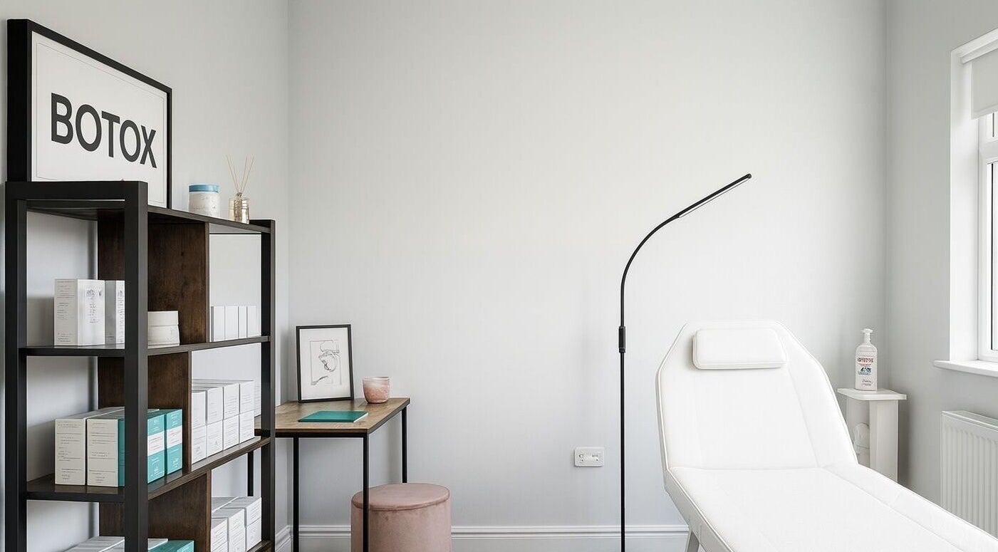 Modern treatment room at NovaSkin, County Kilkenny, IE featuring a sleek white bed and organized shelves.