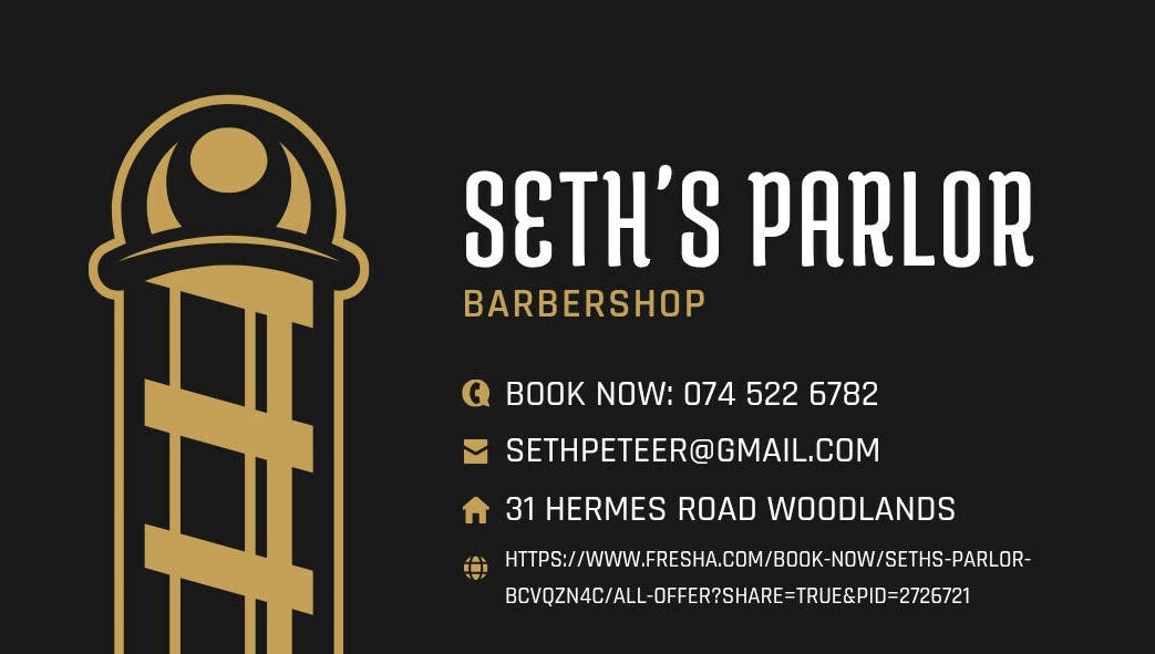 Seth's Parlor contact details, Cape Town, Western Cape, ZA displayed on chic black and gold design.