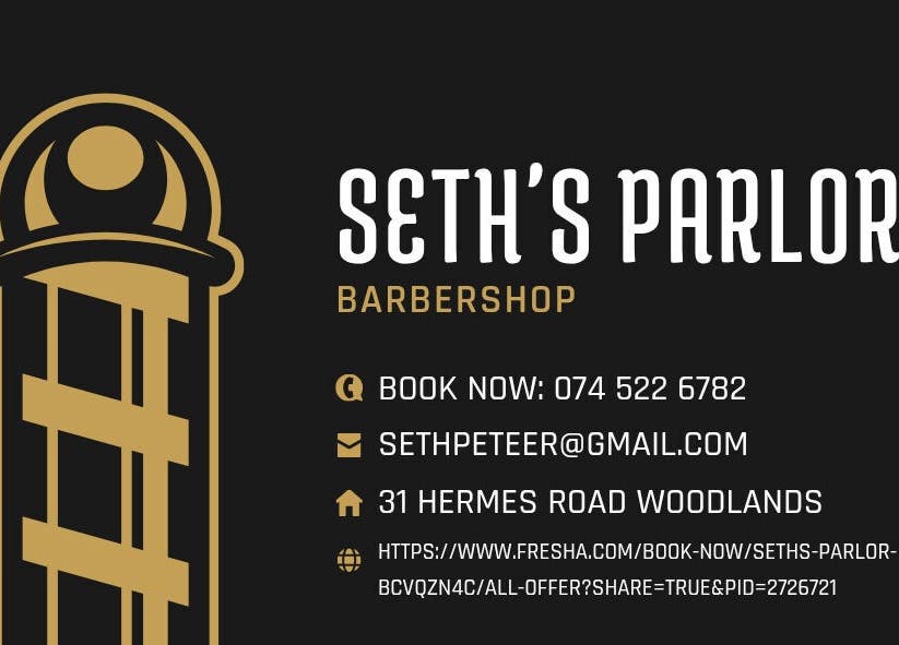 Seth's Parlor contact details, Cape Town, Western Cape, ZA displayed on chic black and gold design.