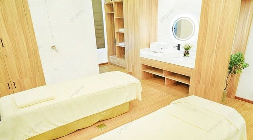 Spa room at Makeup, beauty and skincare services, Edgewood, Washington, US, featuring two massage tables.