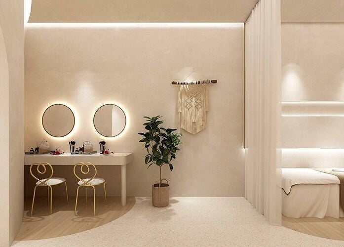 Elegant beauty corner at Makeup, beauty and skincare services, Edgewood, Washington, US, with mirrors and seating.