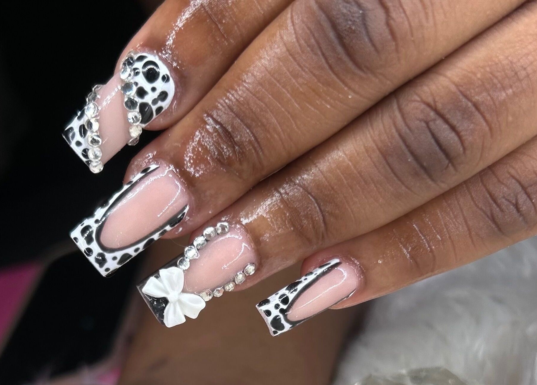Chic nail art with rhinestones at The Nail & Beauty Box, Nassau, New Providence, BS.