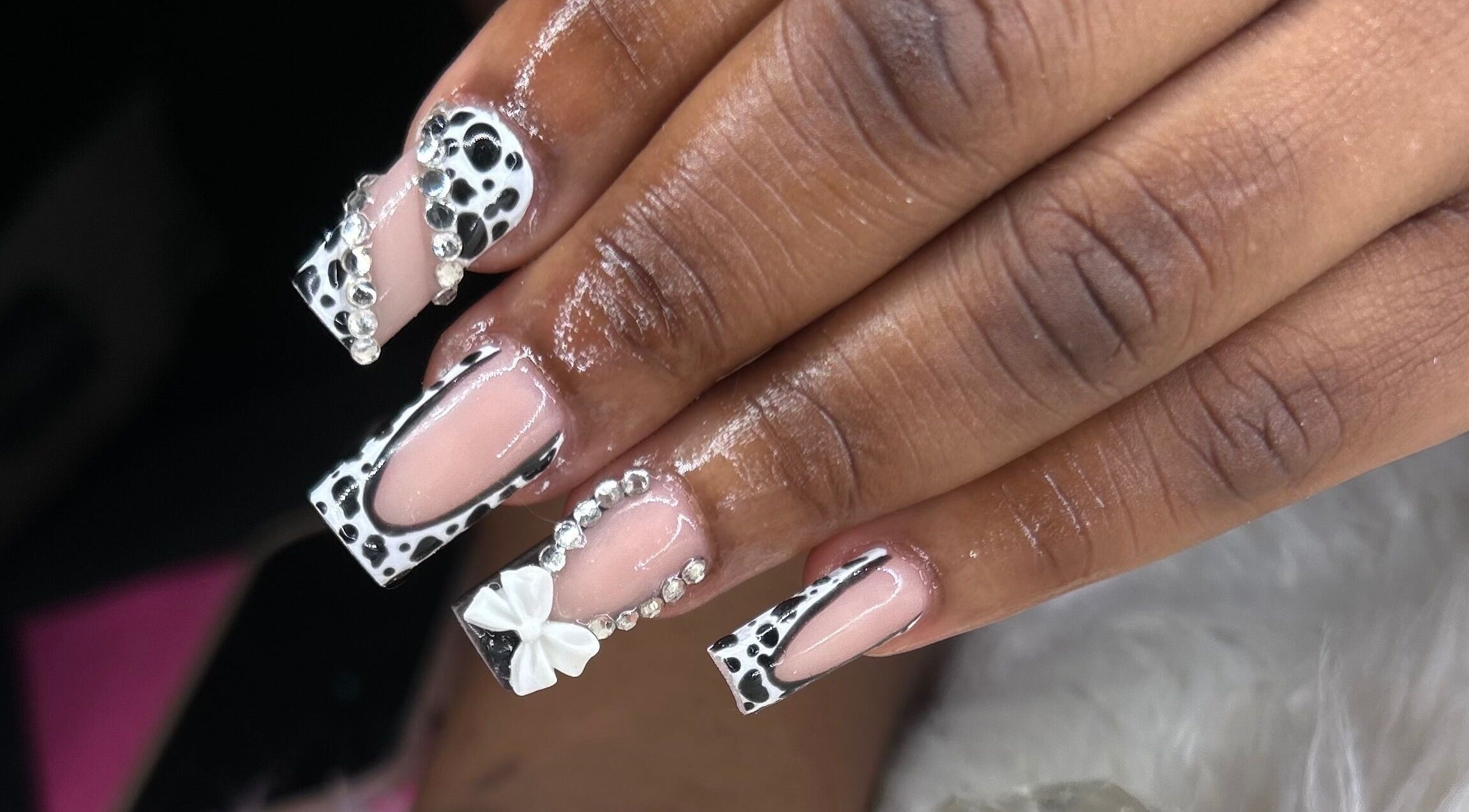 Chic nail art with rhinestones at The Nail & Beauty Box, Nassau, New Providence, BS.