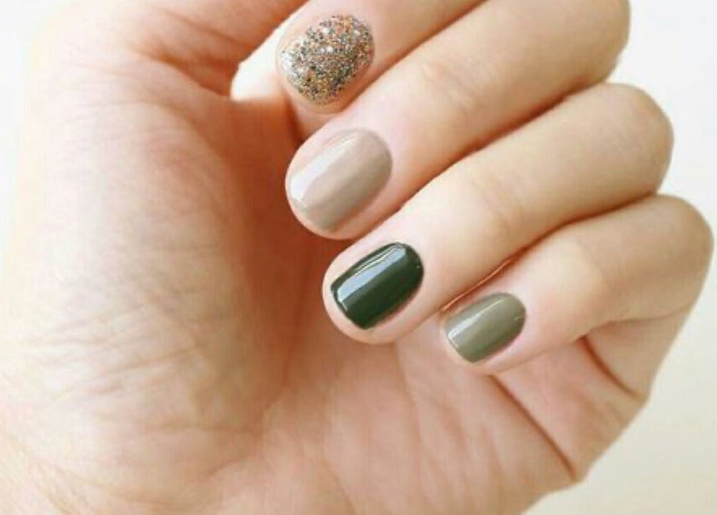 Elegant nail art with neutral tones at Shellac Nail & Spa, Oklahoma City, Oklahoma, US.