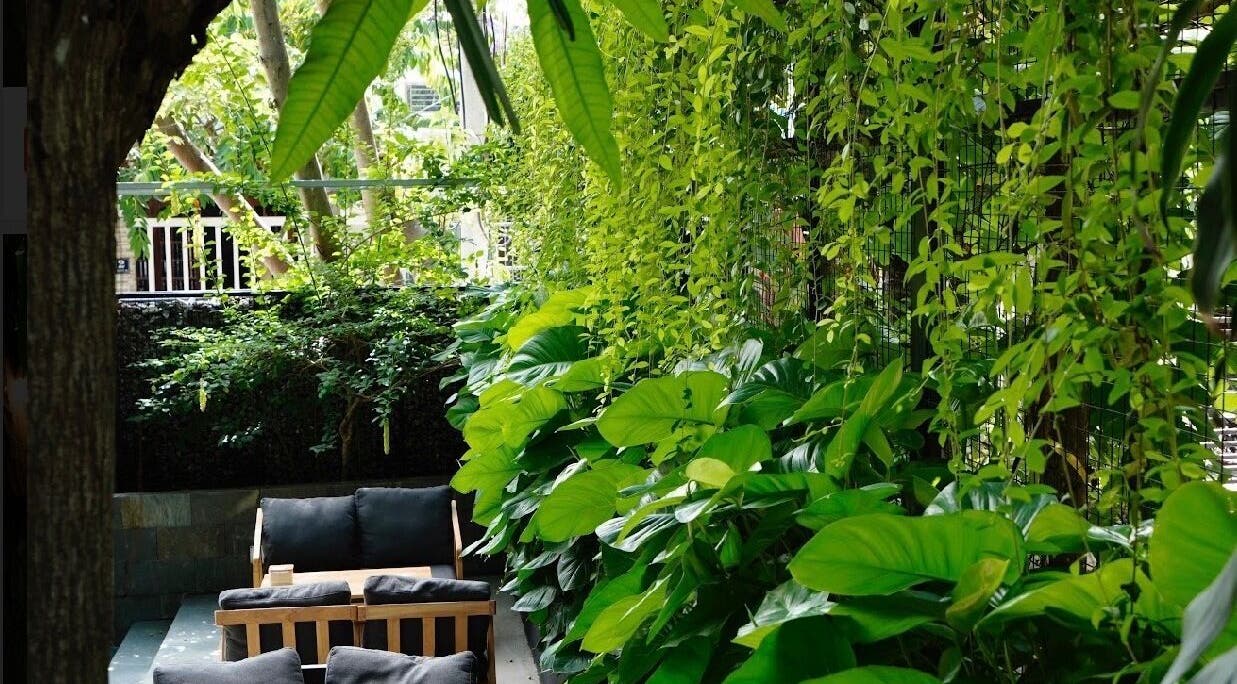 Serene garden view at Recharged SPA, Đà Nẵng, featuring vibrant green plants and cozy seating.