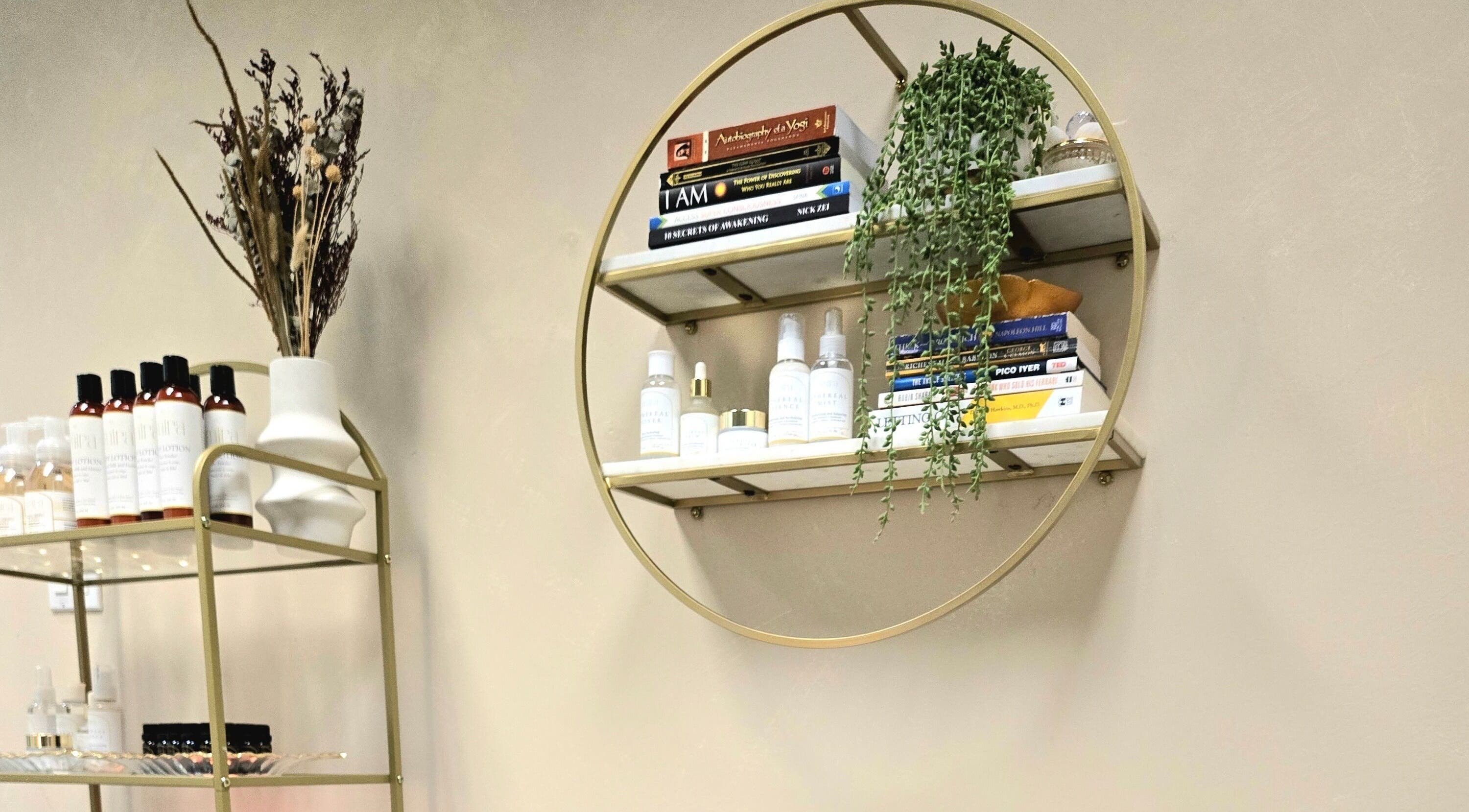Elegant shelf with beauty products at Emira Ethereal Wellness, Markham, Ontario, CA showcasing serene decor.