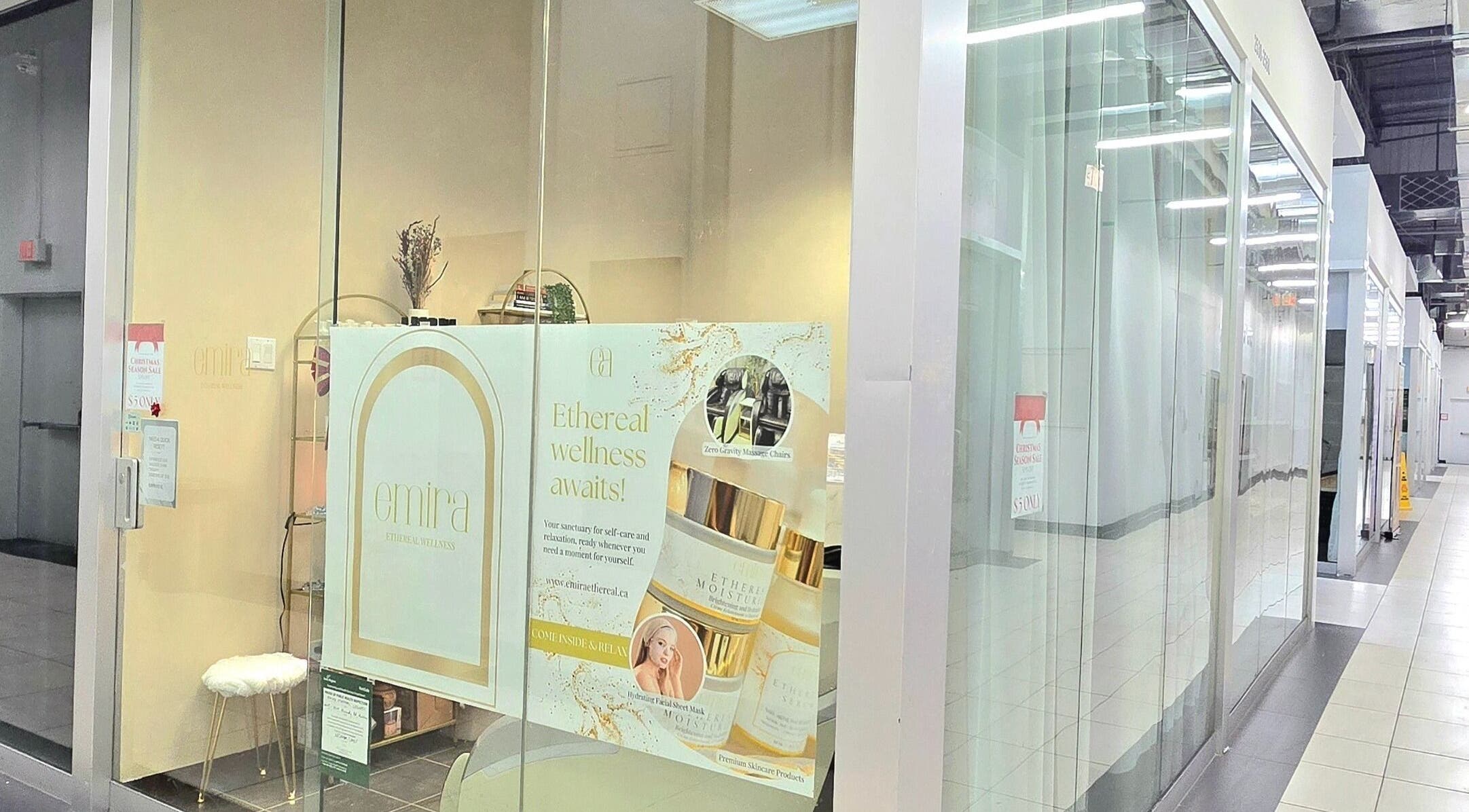 Front glass view of Emira Ethereal Wellness in Markham, Ontario, CA, showcasing inviting spa space.