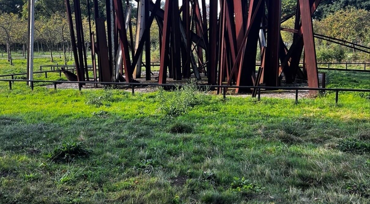Artful steel structure in a green park at barbershop, Genk, Vlaanderen, BE.