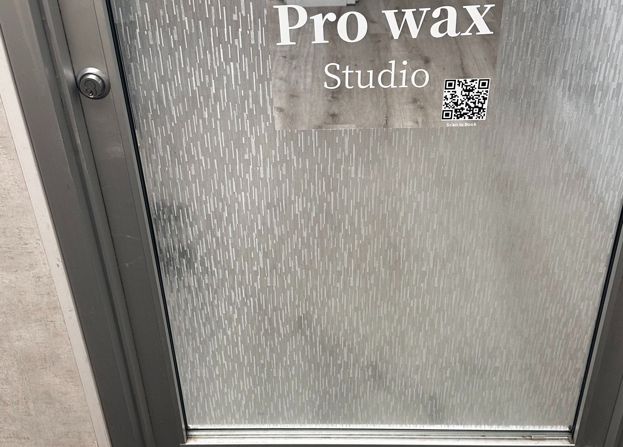 Pro Wax Studio entrance door in Oradell, New Jersey, US, with textured glass and signage.