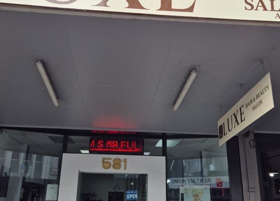 Entrance of Luxe Hair & Beauty Salon at 581 Victoria Street, Hamilton, Waikato Region, NZ.