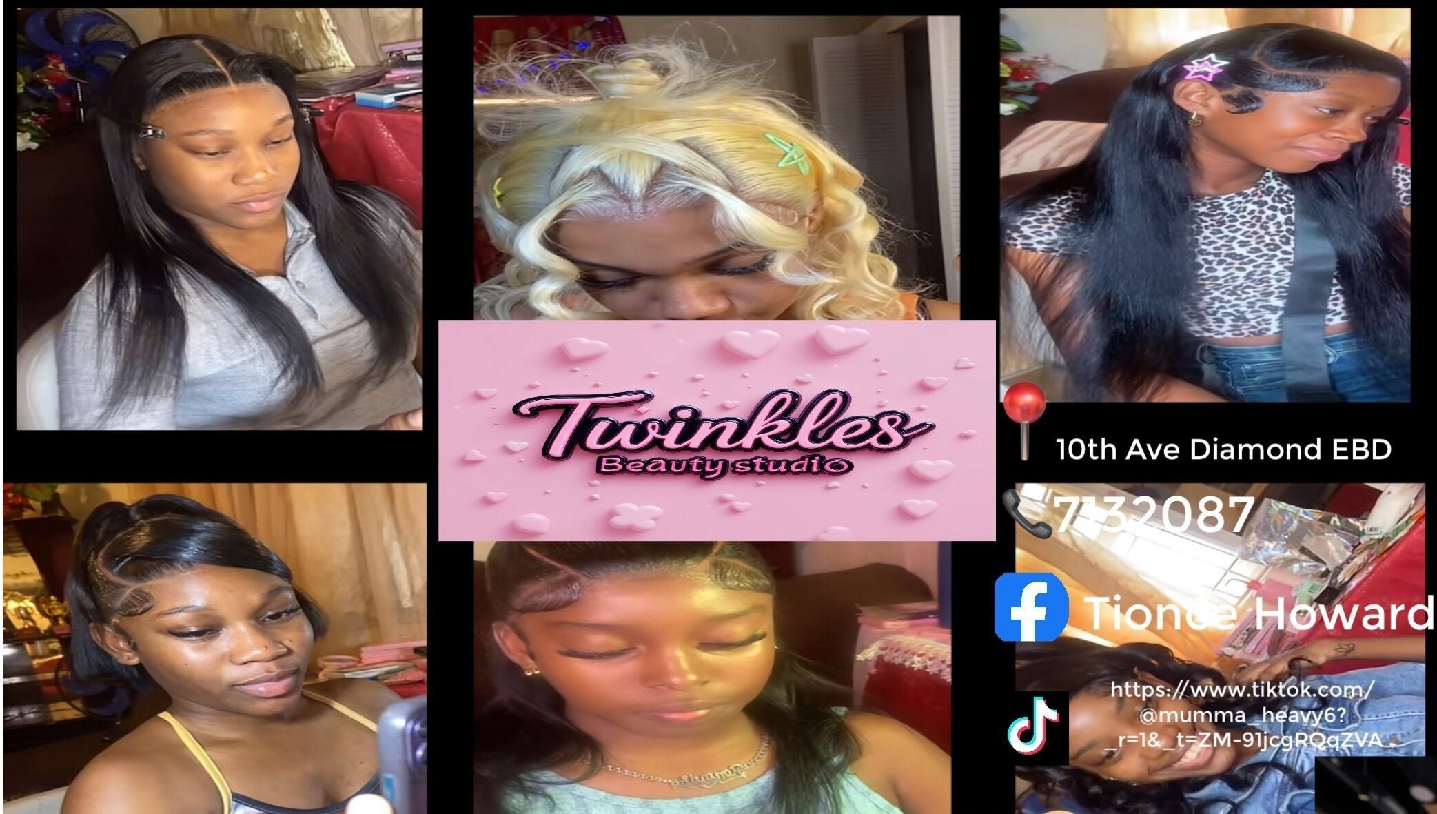 Various hairstyles at Twinkle Beauty Salon, East bank Demerara, Georgetown, GY, showcasing diverse beauty services.
