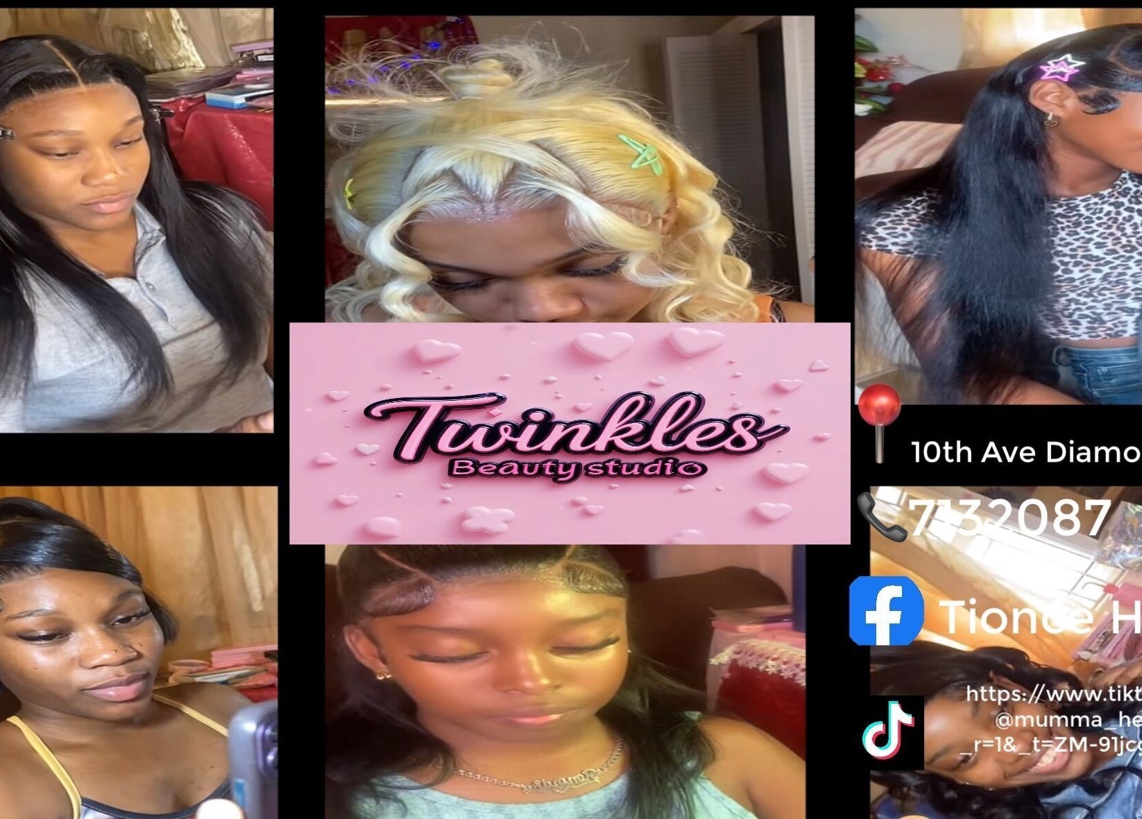 Various hairstyles at Twinkle Beauty Salon, East bank Demerara, Georgetown, GY, showcasing diverse beauty services.