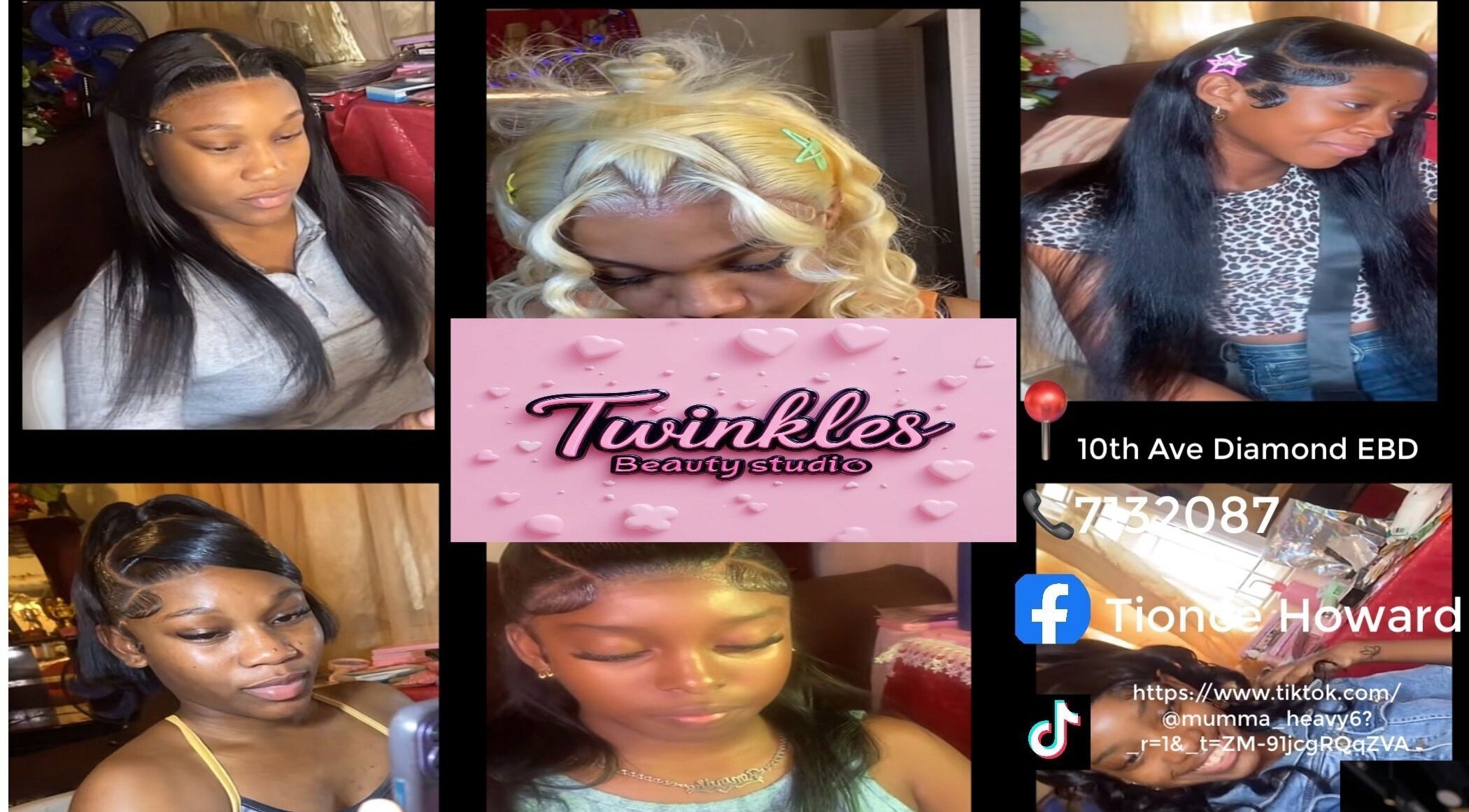 Various hairstyles at Twinkle Beauty Salon, East bank Demerara, Georgetown, GY, showcasing diverse beauty services.