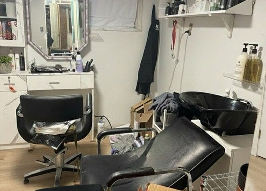 Elegant and organized salon interior at Stranded Shears, Mississauga, Ontario, CA. Modern styling station.