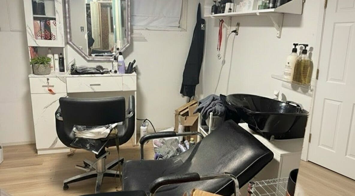 Elegant and organized salon interior at Stranded Shears, Mississauga, Ontario, CA. Modern styling station.