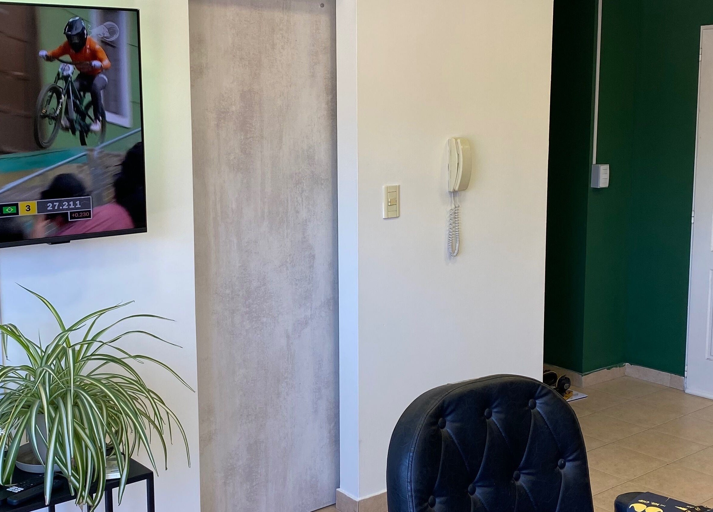 Sala moderna en ÁPICE, Neuquén, Neuquén, AR con televisor y planta decorativa.