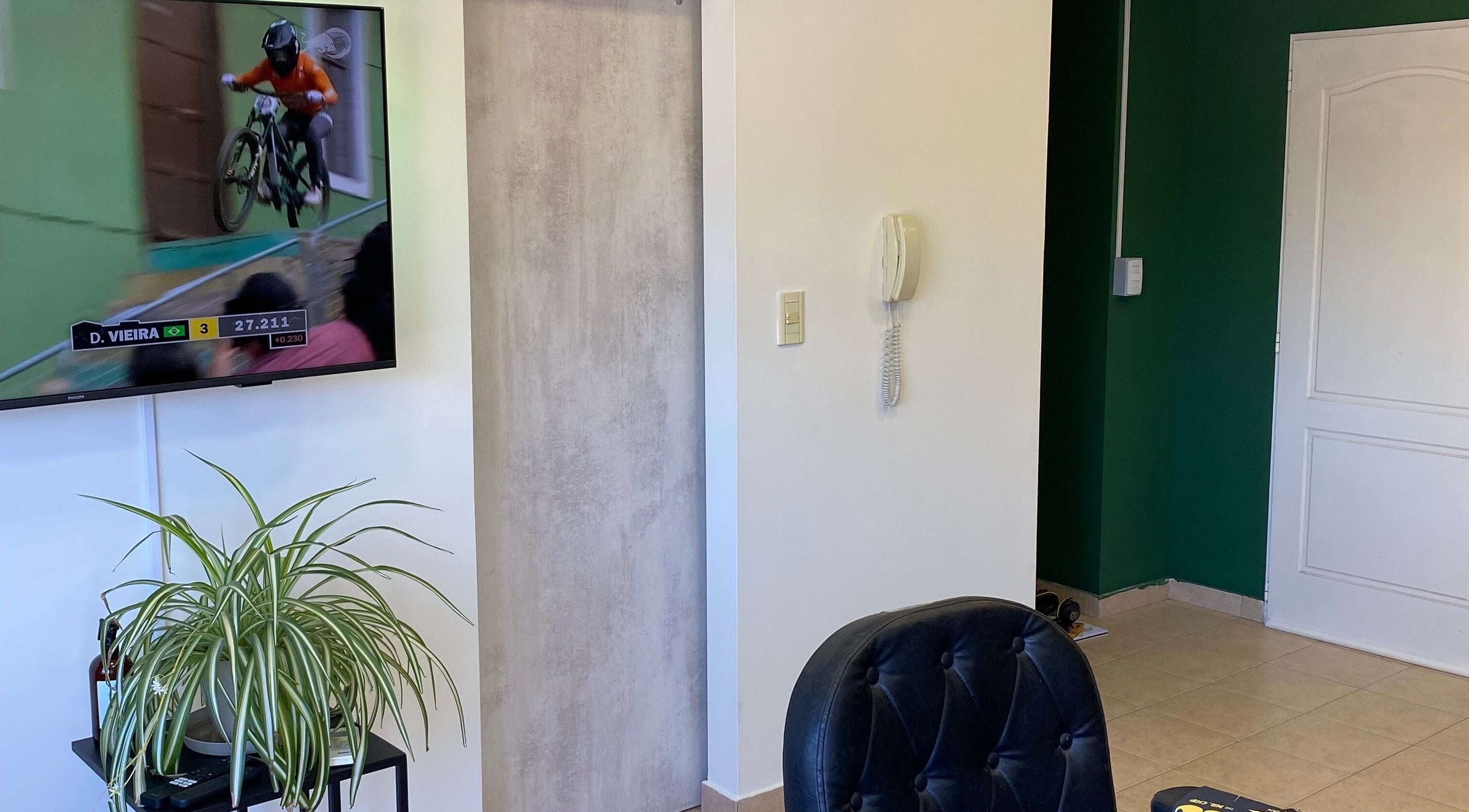 Recepción de ÁPICE en Neuquén, Neuquén, AR con planta decorativa y TV.