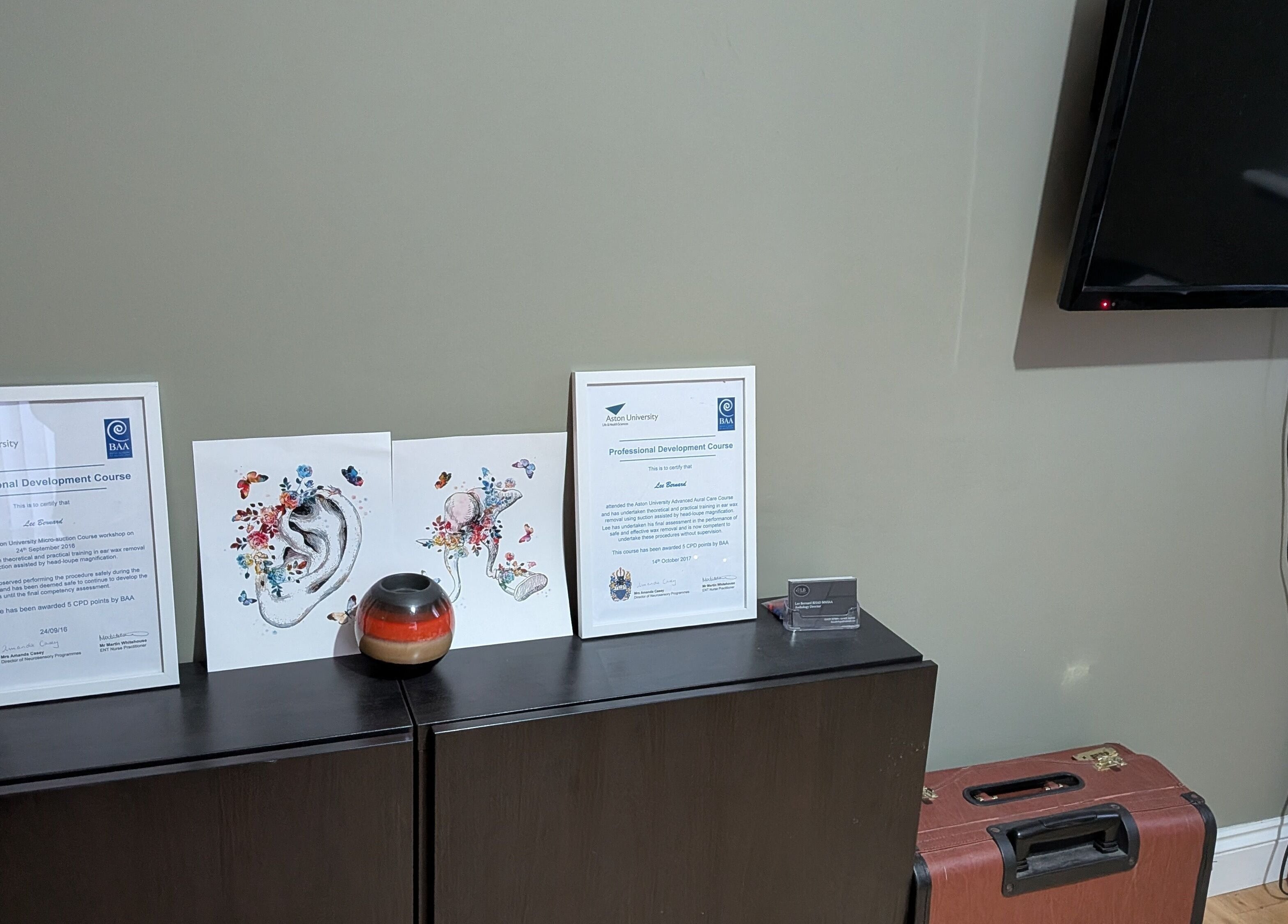 Awards and art on display at LB Audiology Services Ltd - East Durham Clinic, Hutton Henry, GB.
