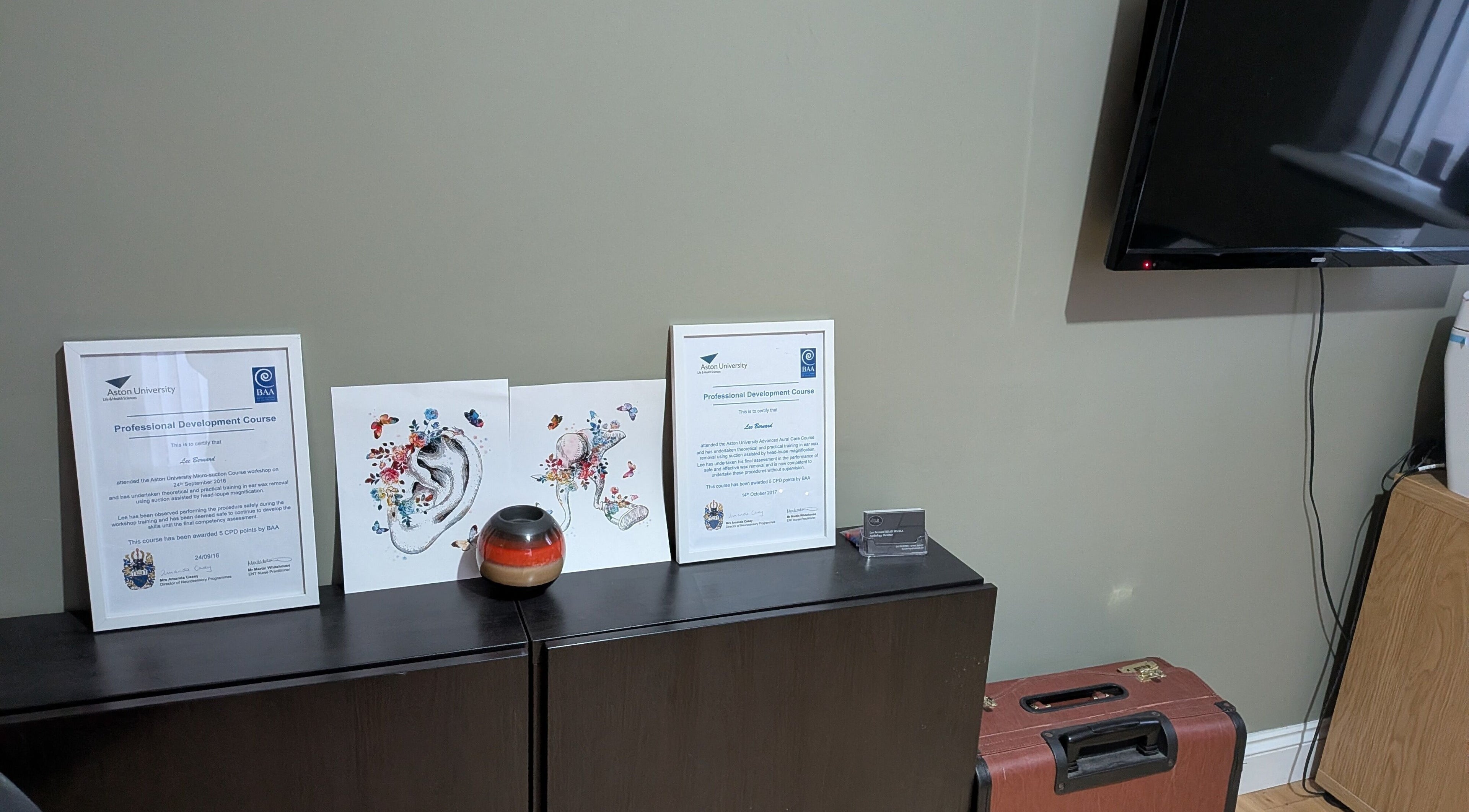 Awards and art on display at LB Audiology Services Ltd - East Durham Clinic, Hutton Henry, GB.