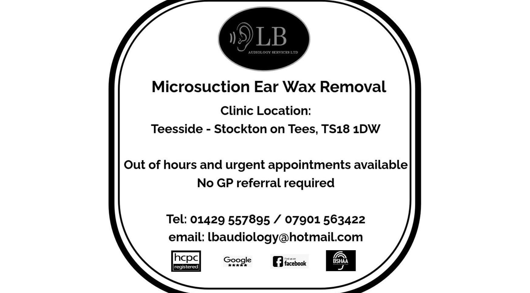 LB Audiology Services Ltd - Teesside Clinic in Stockton-on-tees, England, offers microsuction ear wax removal.