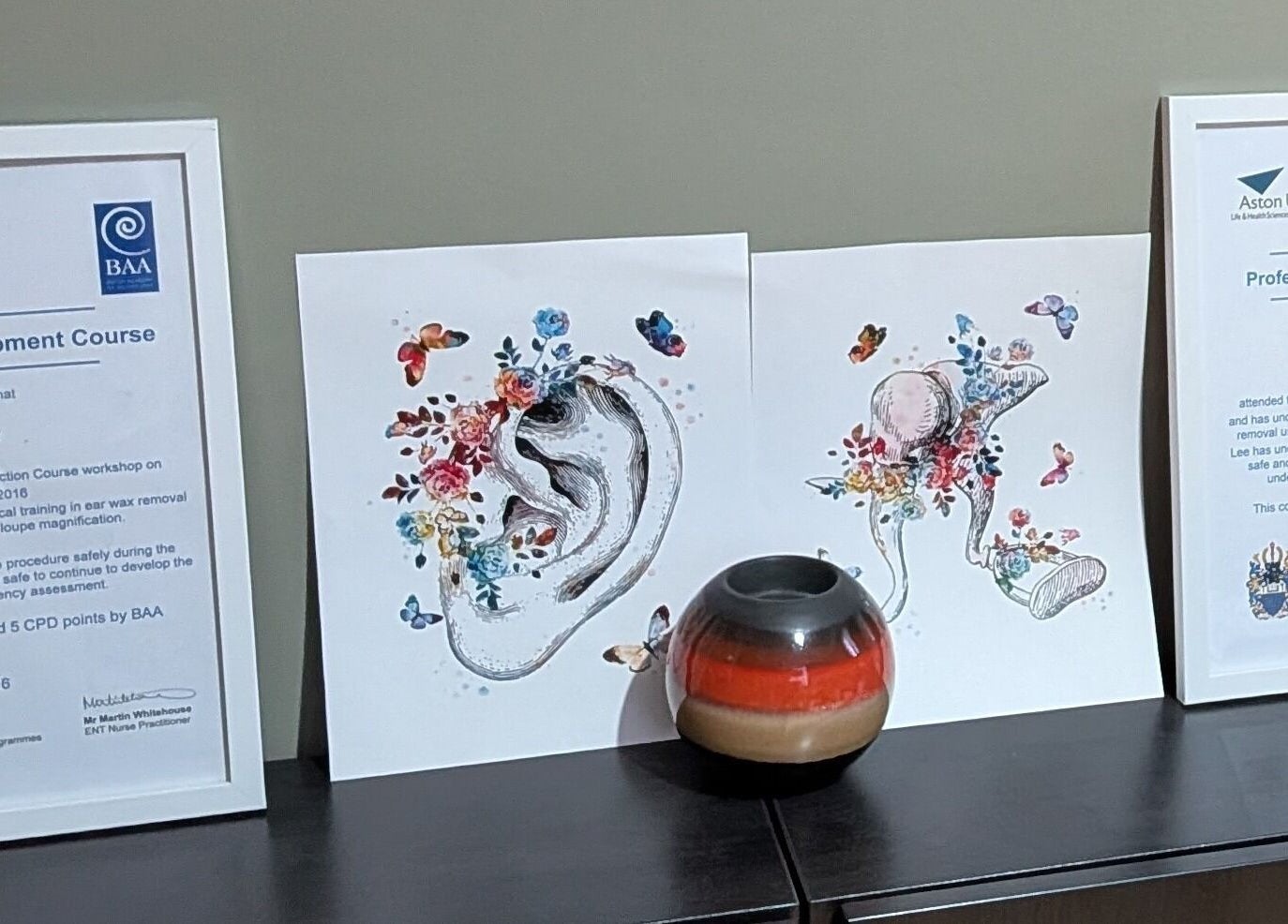 Certificates and ear art at LB Audiology Services Ltd - Teesside Clinic, Stockton-on-tees, England, GB.