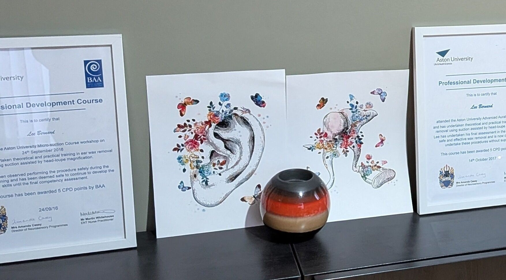 Certificates and ear art at LB Audiology Services Ltd - Teesside Clinic, Stockton-on-tees, England, GB.
