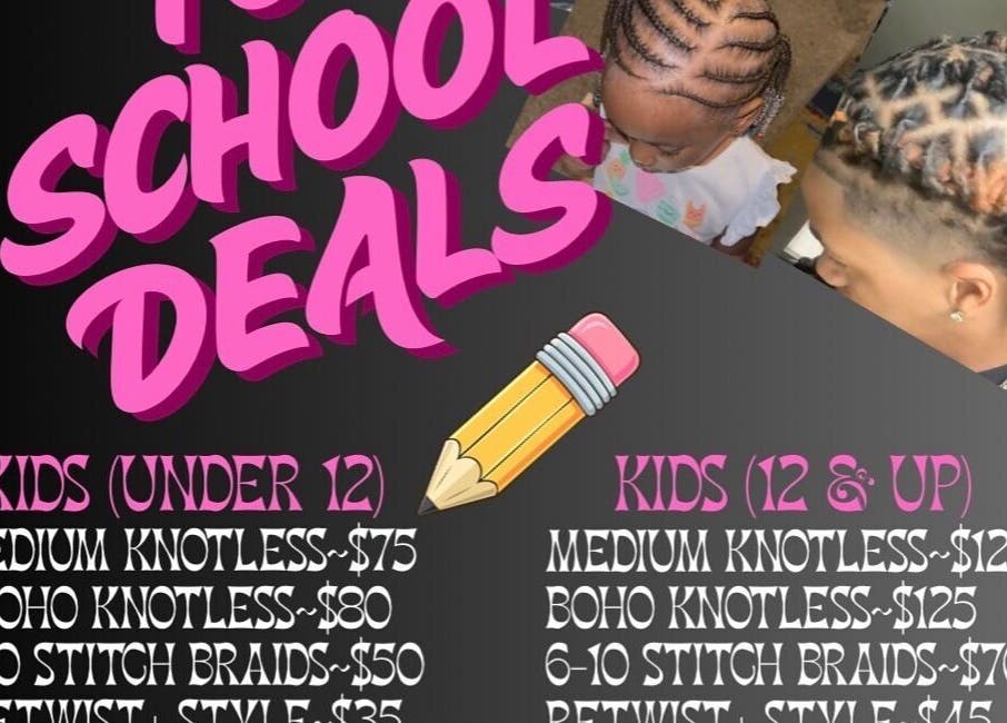 Back-to-school hair deals at KGStyles.co in Columbus, Ohio, US showcasing diverse braid styles for kids.