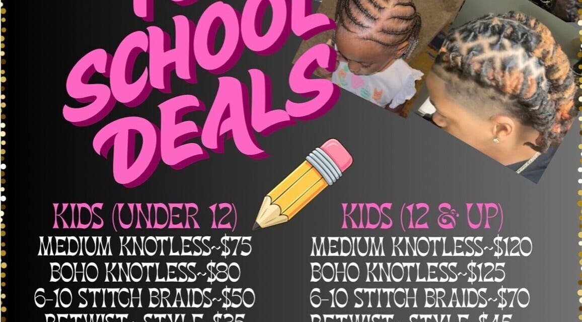 Back-to-school hair deals at KGStyles.co in Columbus, Ohio, US showcasing diverse braid styles for kids.