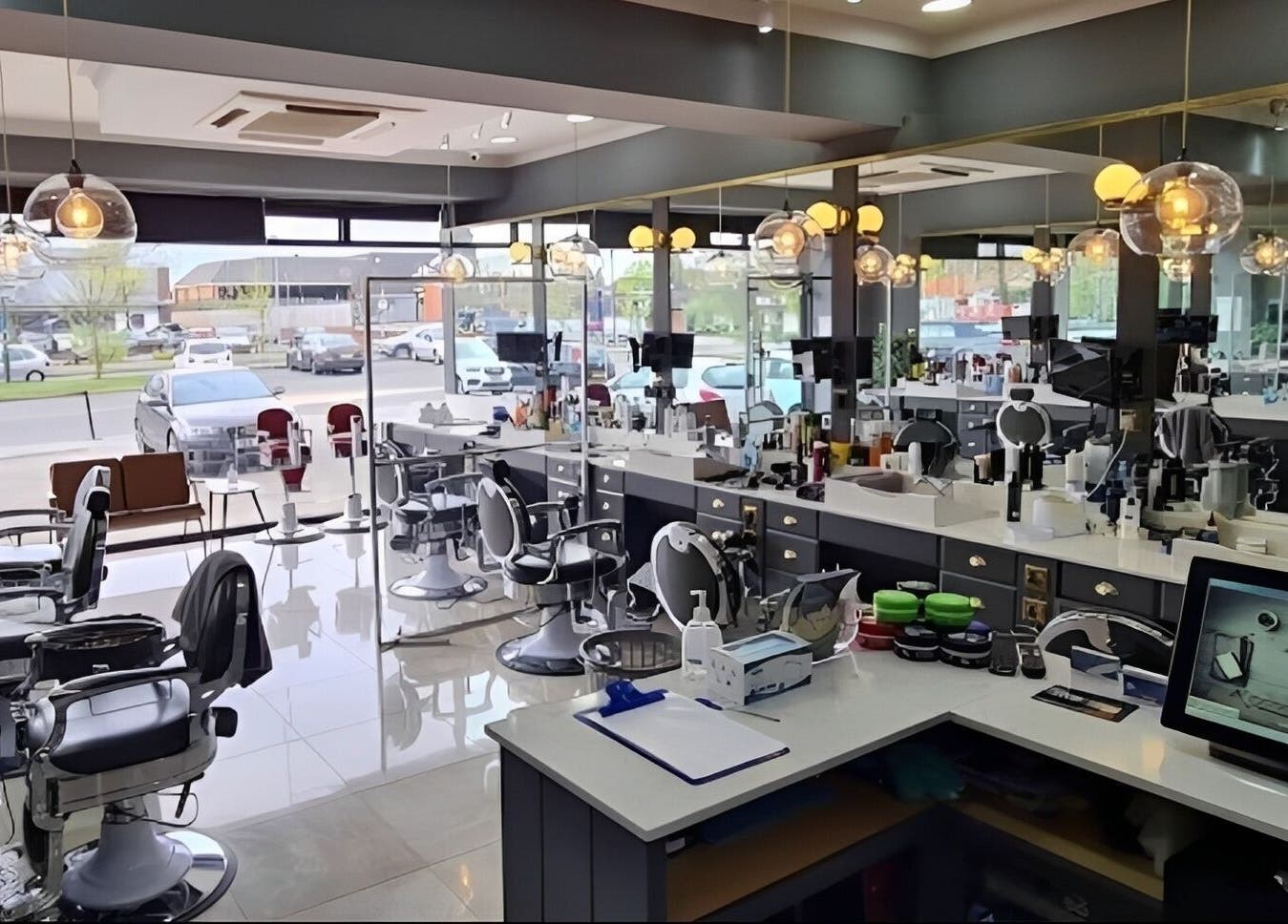 Modern interior of Turkish Barber in Birmingham, England, GB showcasing stylish chairs and equipment.
