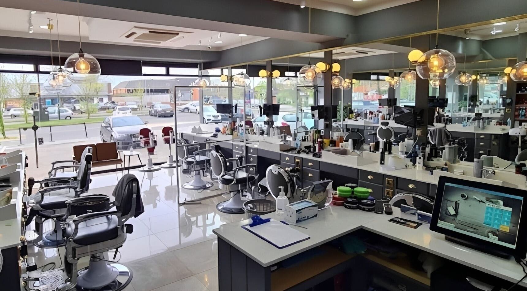 Modern interior of Turkish Barber in Birmingham, England, GB showcasing stylish chairs and equipment.