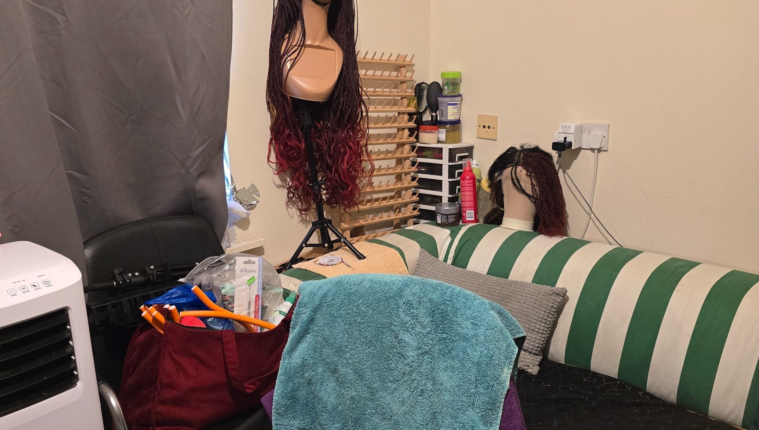 Wig and beauty tools at Kaffy_houseofbeauty, London, England, GB showcasing a creative setup.