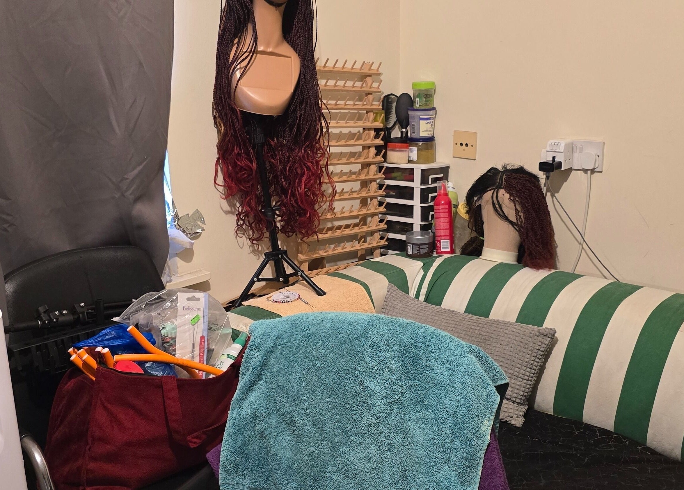 Wig and beauty tools at Kaffy_houseofbeauty, London, England, GB showcasing a creative setup.