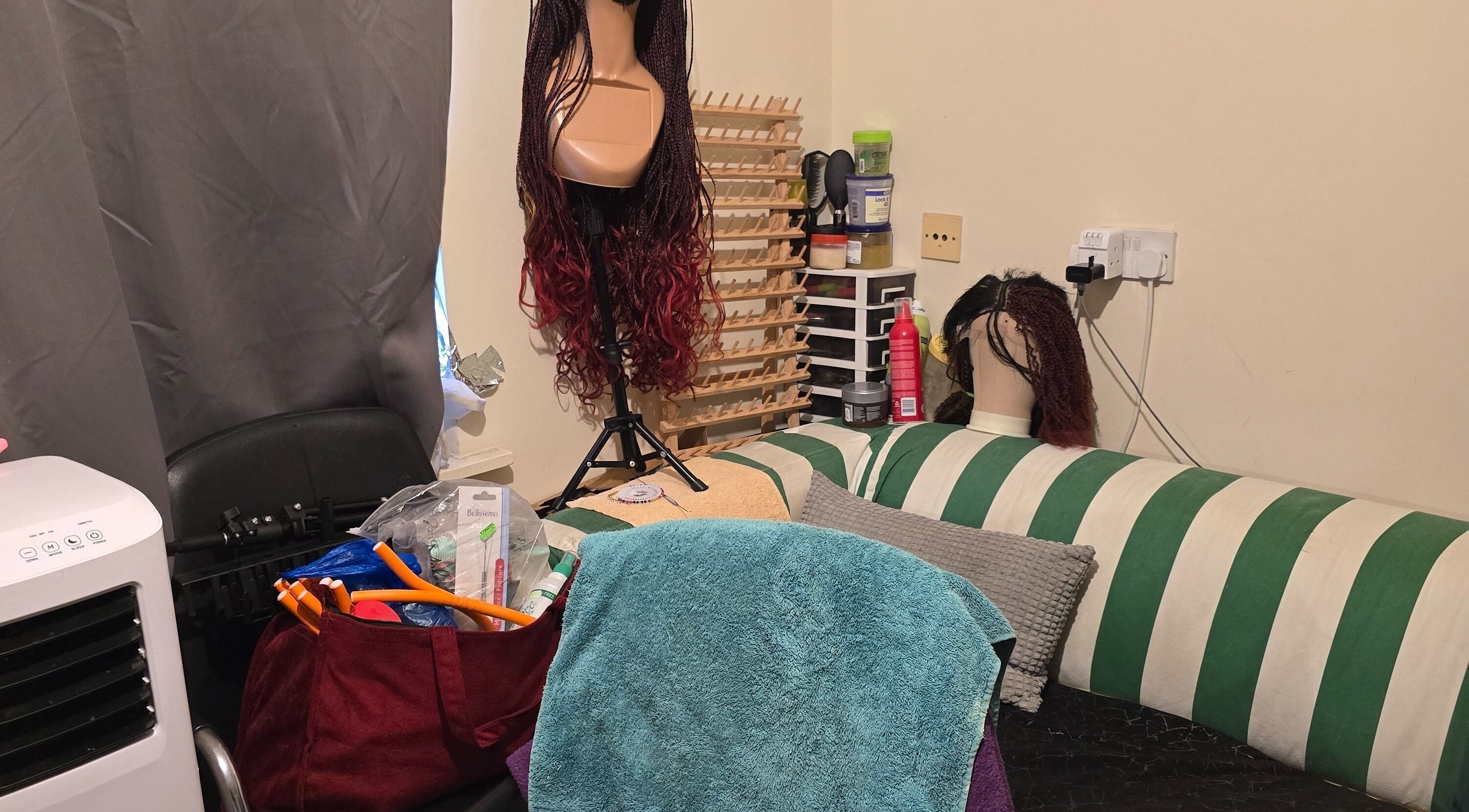 Wig and beauty tools at Kaffy_houseofbeauty, London, England, GB showcasing a creative setup.