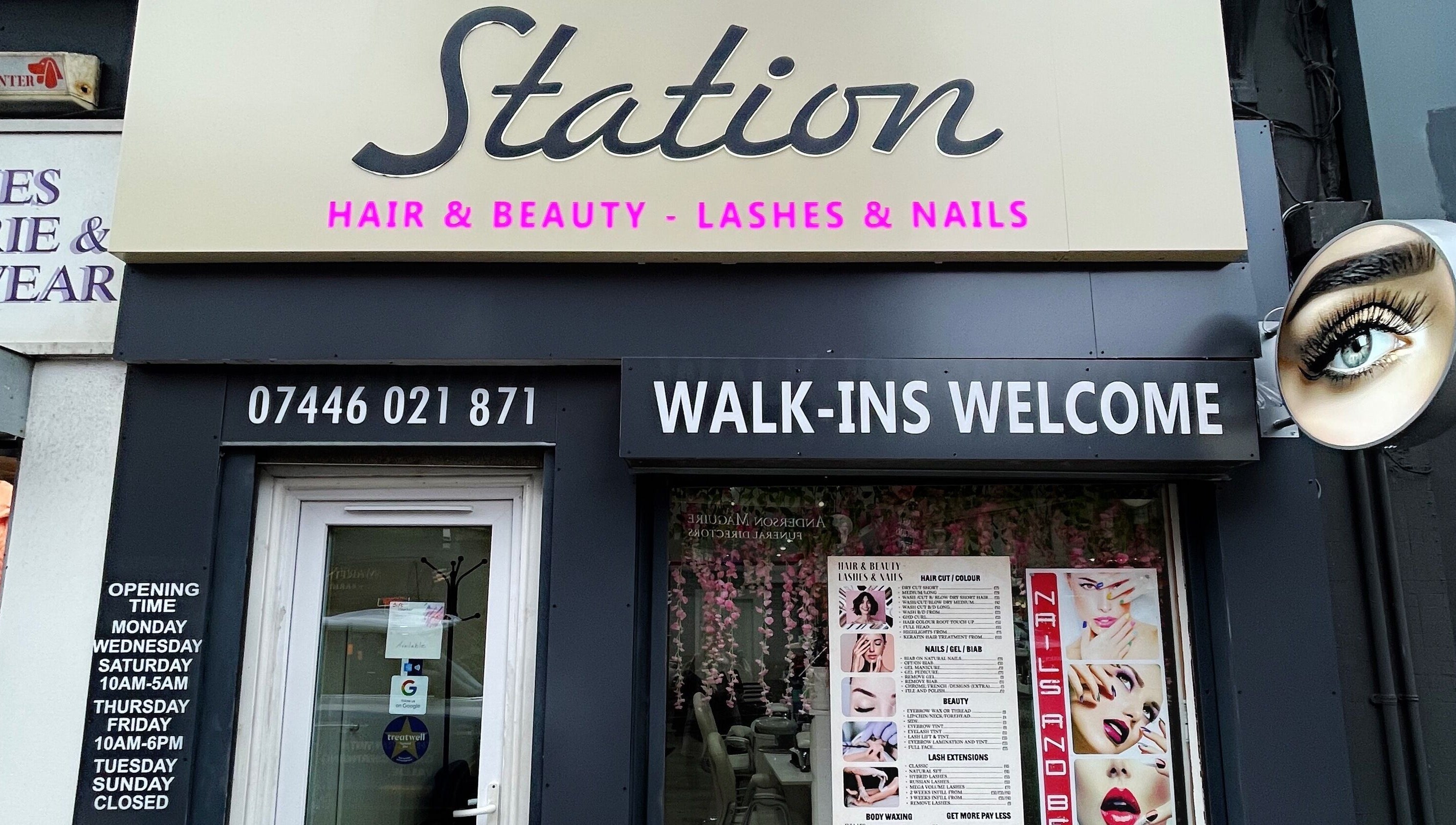 Front of Marj Glam Beauty, Glasgow, Scotland, GB, displaying service options and welcome sign.