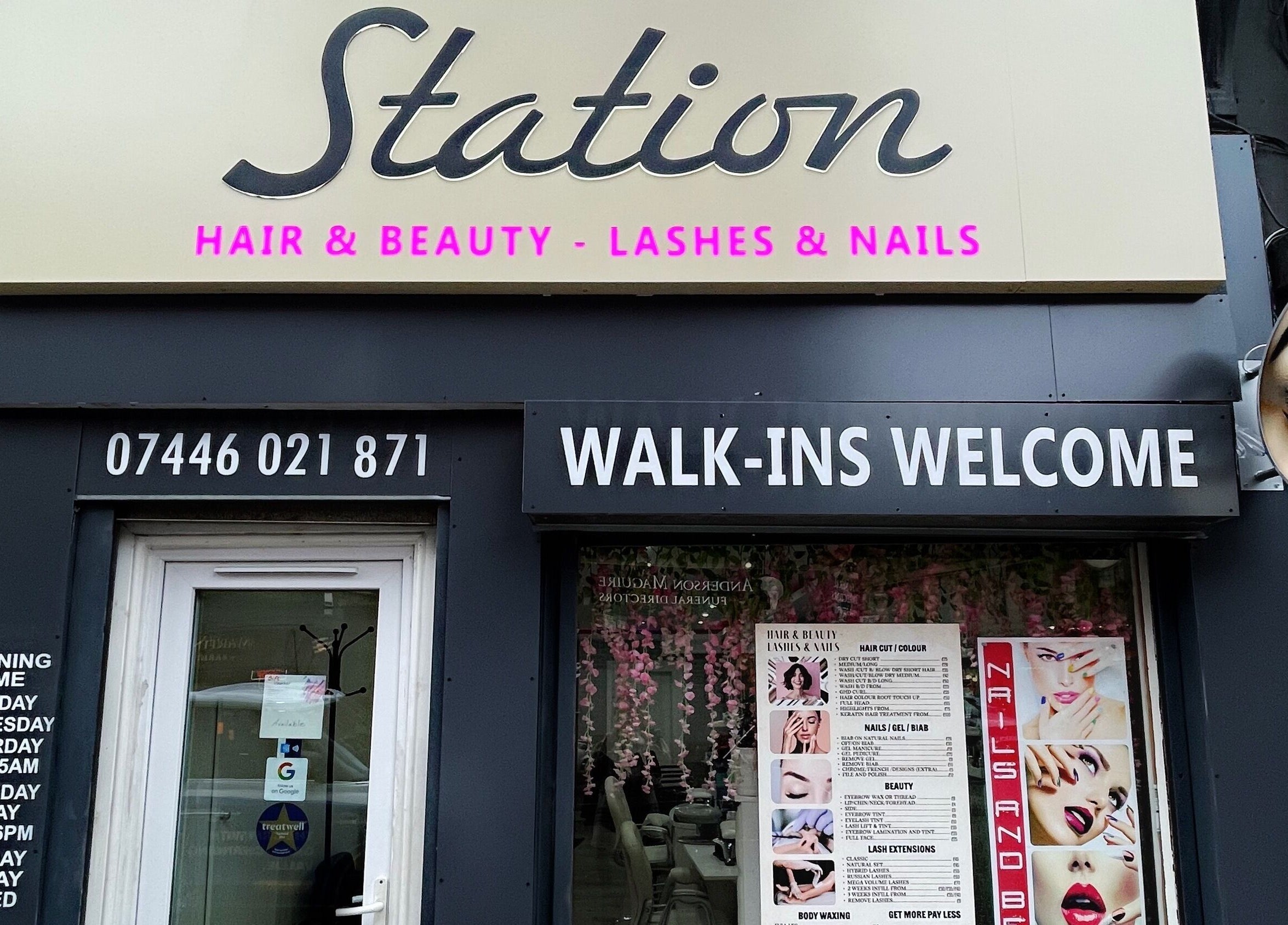 Front of Marj Glam Beauty, Glasgow, Scotland, GB, displaying service options and welcome sign.