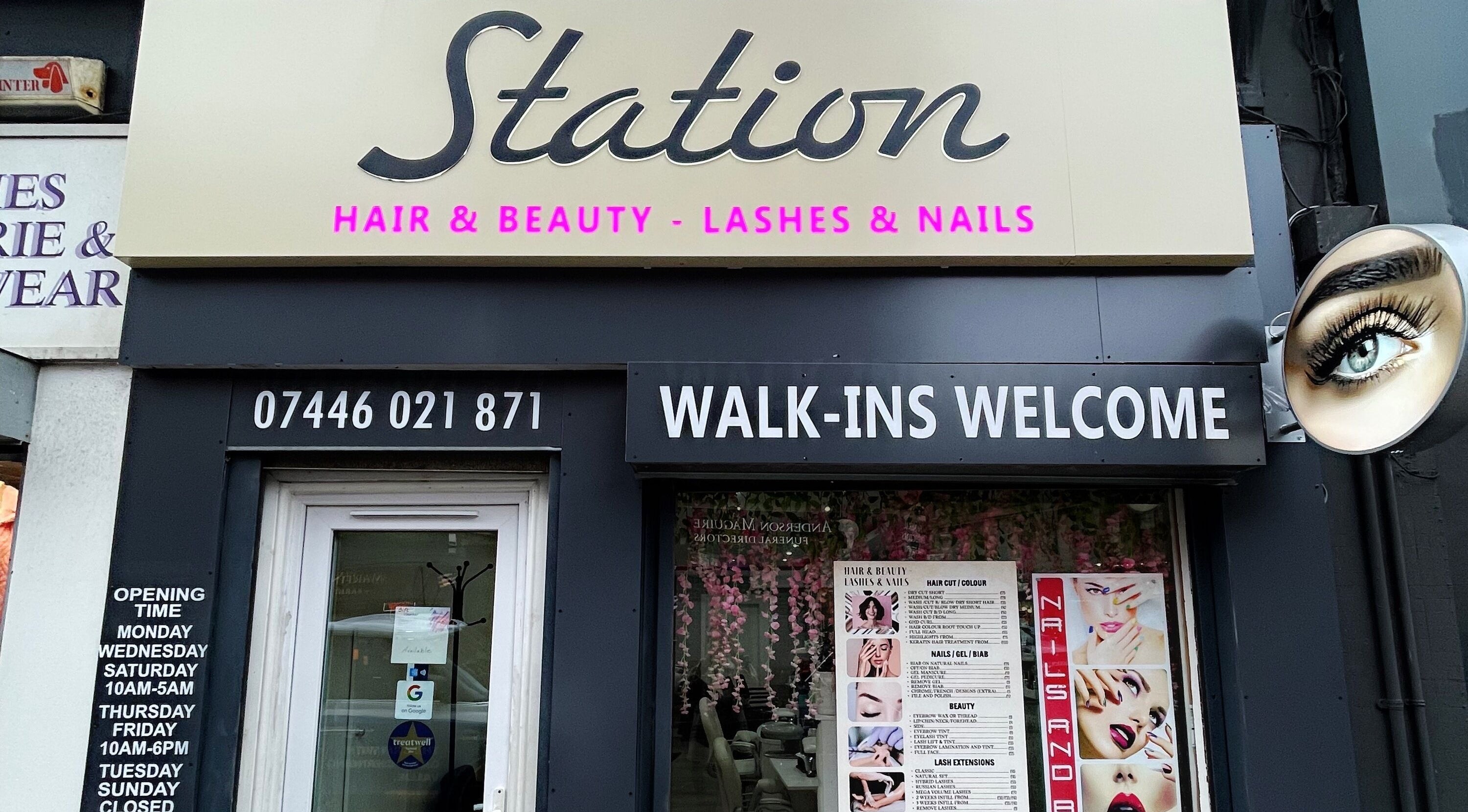 Front entrance of 'Marj Glam Beauty' in Glasgow, Scotland, GB, featuring a stylish, welcoming facade.