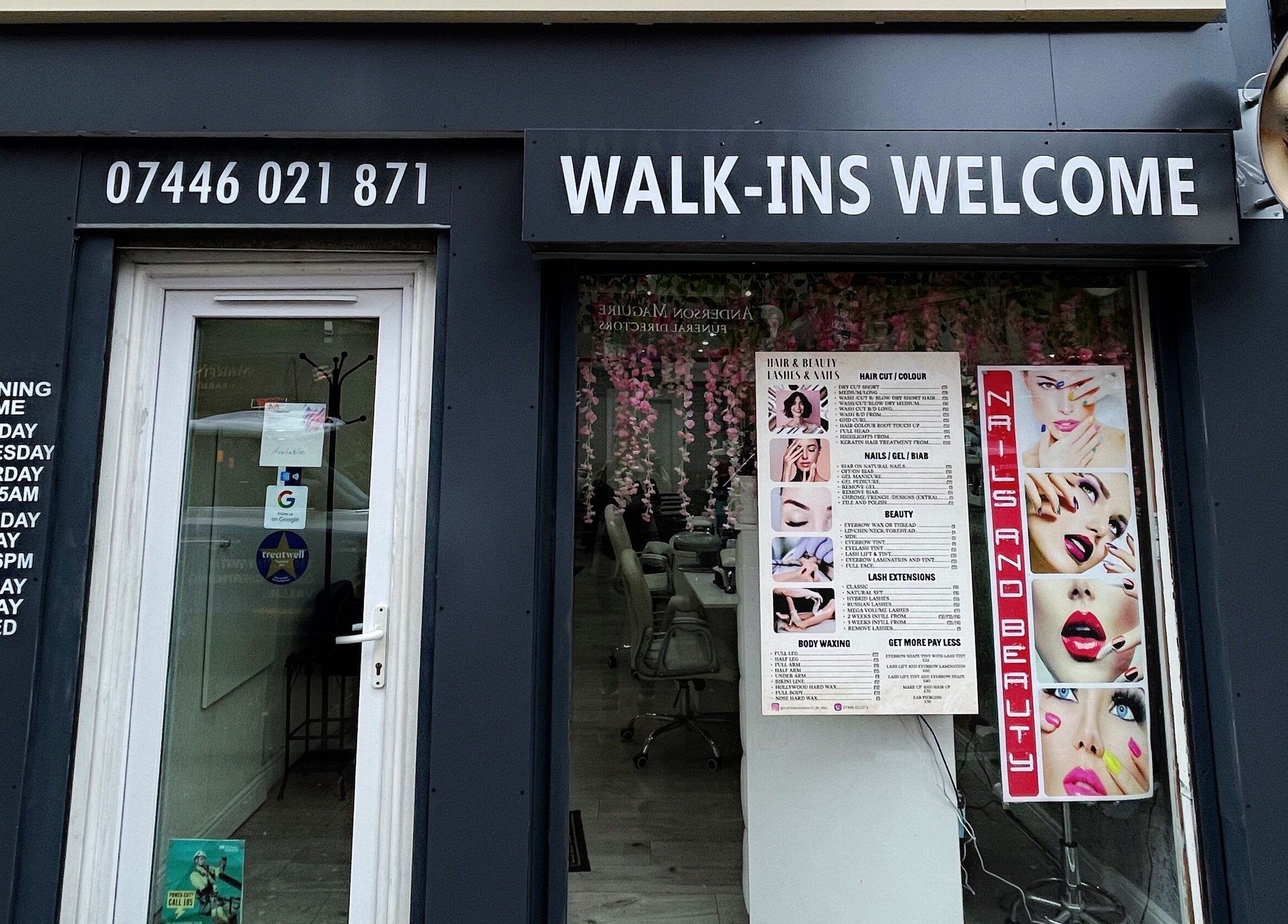 Entrance of Marj Glam Beauty in Glasgow, Scotland, GB, displaying services and welcoming walk-ins.